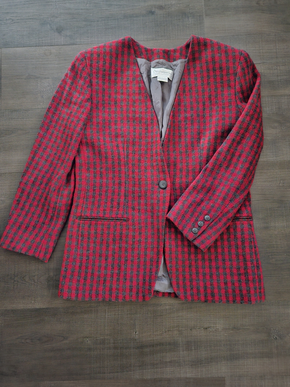 Vintage Liz Claiborne Petite 10 Red Black Plaid Houndstooth Collarless Wool Blaz